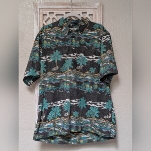 Reyn Spooner Black Volcano Palm Trees Print Shirt Mauna Ulu Classic Fit Large